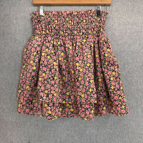 Vero Moda Size XS Floral Mini Vmelli Skirt Black Pink Yellow Tiered Elastic Prep - Picture 1 of 10